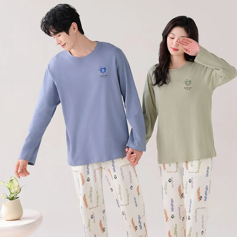 2025년 가을 커플 긴팔 100% 면 파자마 세트 (남성용 한국 귀여운 만화 수면복 파자마 여성용 홈웨어 홈 의류)