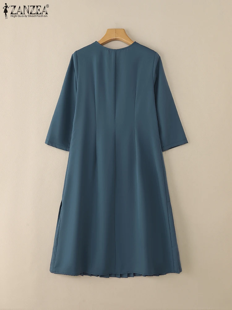 ZANZEA Women's Casual Pleated Midi Dress V-Neck 3/4 Sleeve Button Up A-Line Dresses Elegant Office Commuting Wear Woman Clothing