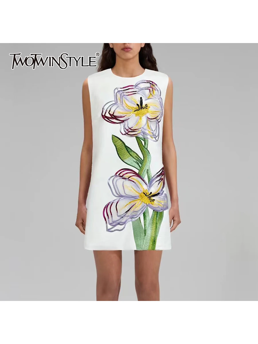 

TWOTWINSTYLE Hit Color Spliced Diamonds Slimming Dresses For Women O Neck Sleeveless High Waist Temperament Mini Dress Female