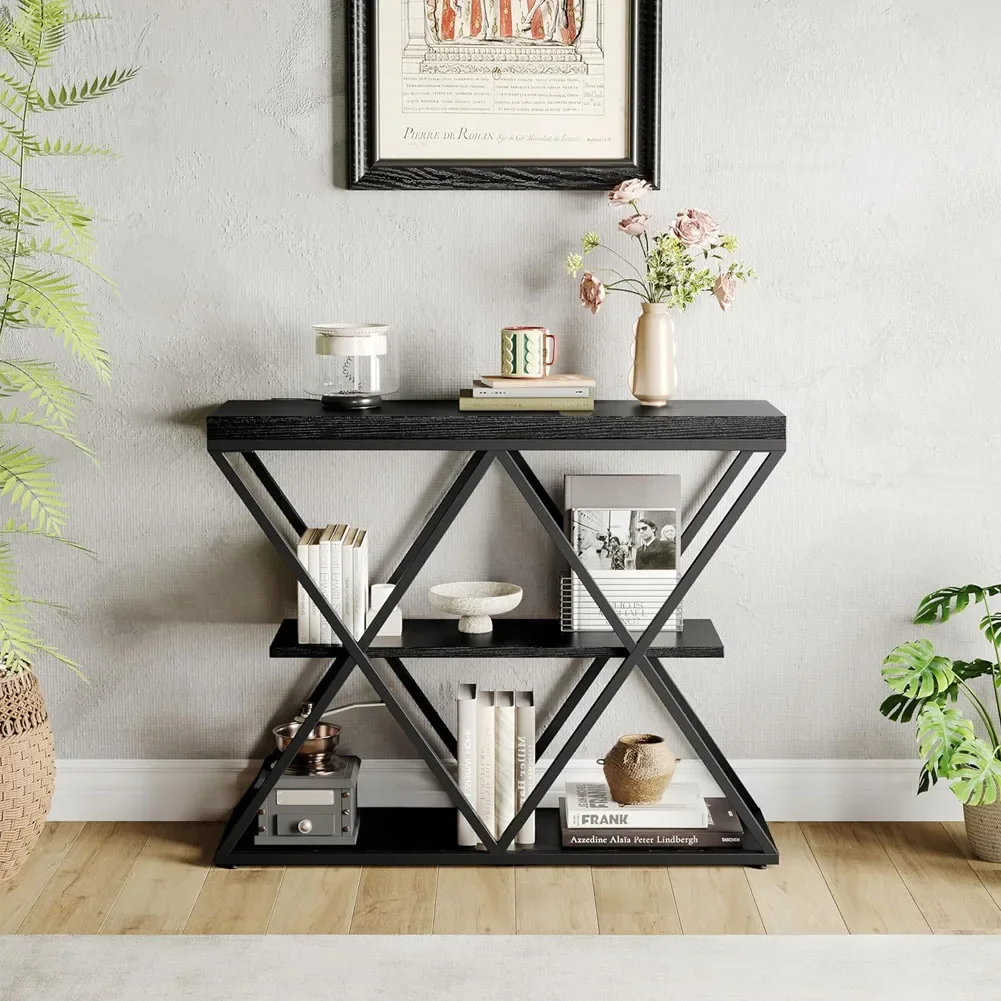 # 3-Tier Console Table, Slim Entryway Sofa Table With X-Shaped Metal Legs, Open Storage Shelves, For Living Room/Hallway, Rustic