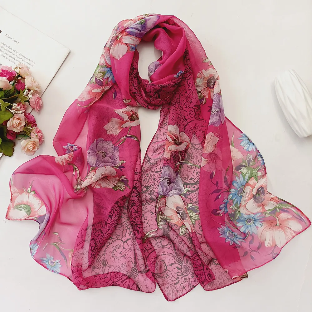 Half Color Flower Women Foulard Elegant Chiffon Georgette Bandana Scarf Summer Beach Sunscreen Thin Hijab