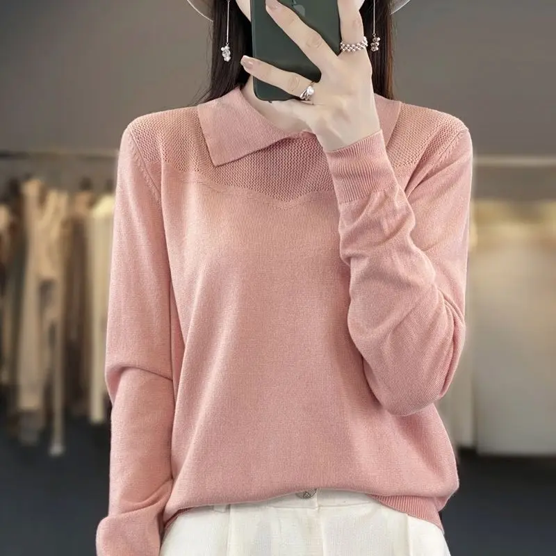Autumn and Winter Women's Pullover Polo Solid Color Hollow Lantern Long Sleeve Sweater Knitted Bottom Casual Elegant Tops