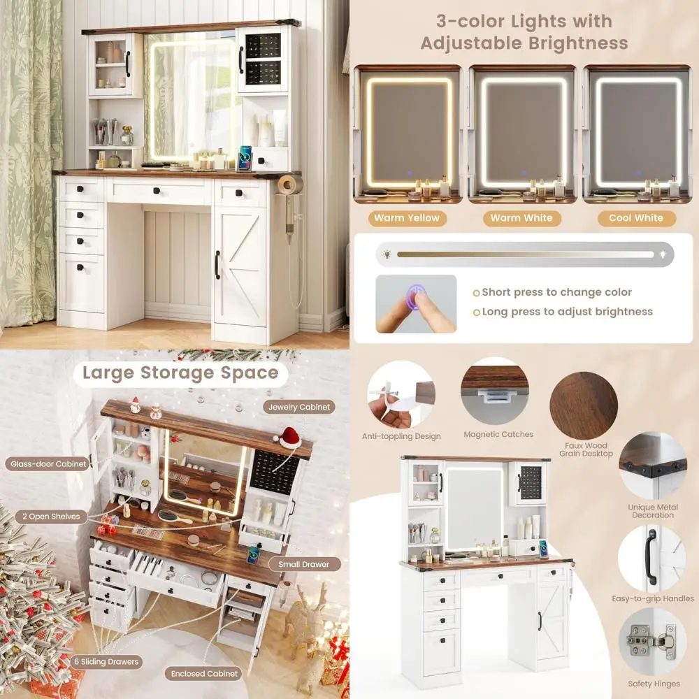 

Туалетный столик с зеркалом с подсветкой, 45 дюймов, 7 ящиками, столиком для макияжа и зарядной станцией, хранилищем для ювелирных изделий