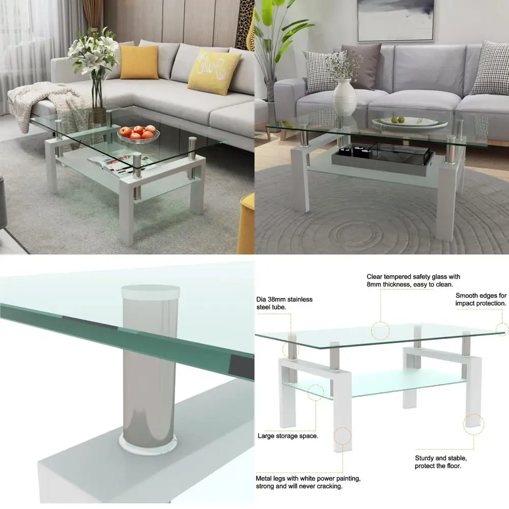 Tavolino da caffè moderno in vetro trasparente con gambe in tubo di metallo nero per spazi viventi bianchi contemporanei