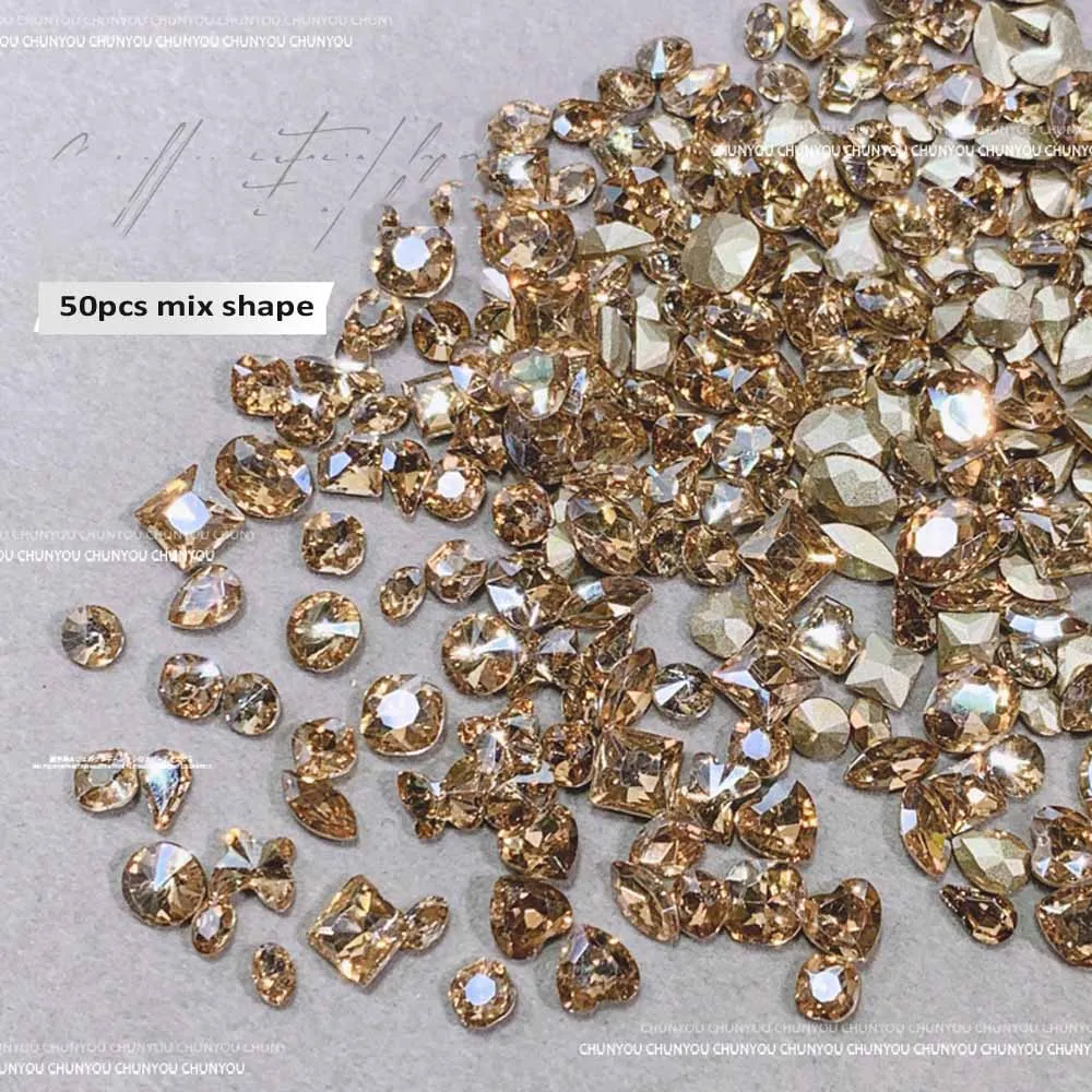 50Pcs 3AAA Mixed Zircon Nail Rhinestone 10x11mm Oval/Square Round/Heart Nail Crystal Pink/Champagne Gold/Clear Manicure Diamond