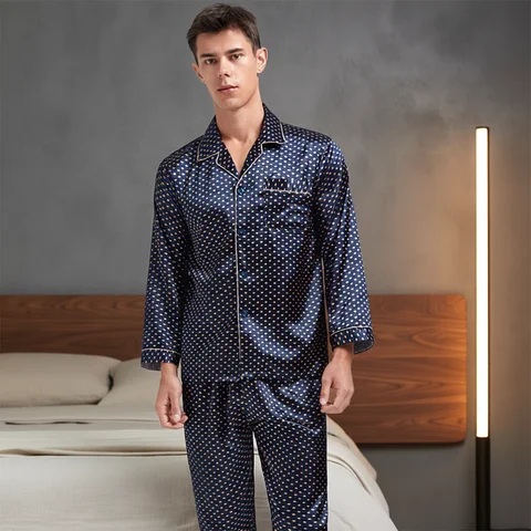 Silk Satin Pajamas for Men Sleepwear Cozy Soft Print Long Sleeve Nightgown Tops + Trousers Two Pieces Mens Pajama Set