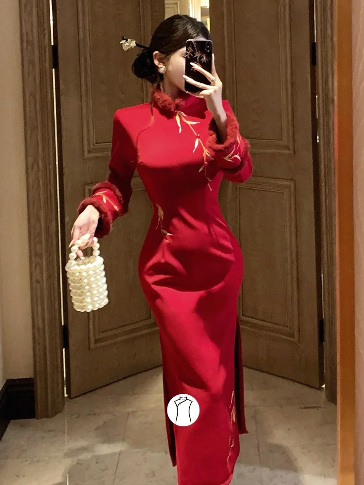 

Красное бархатное утепленное платье Ханьфу для свадьбы, китайское длинное вечернее платье Ципао для помолвки и празднования Нового года