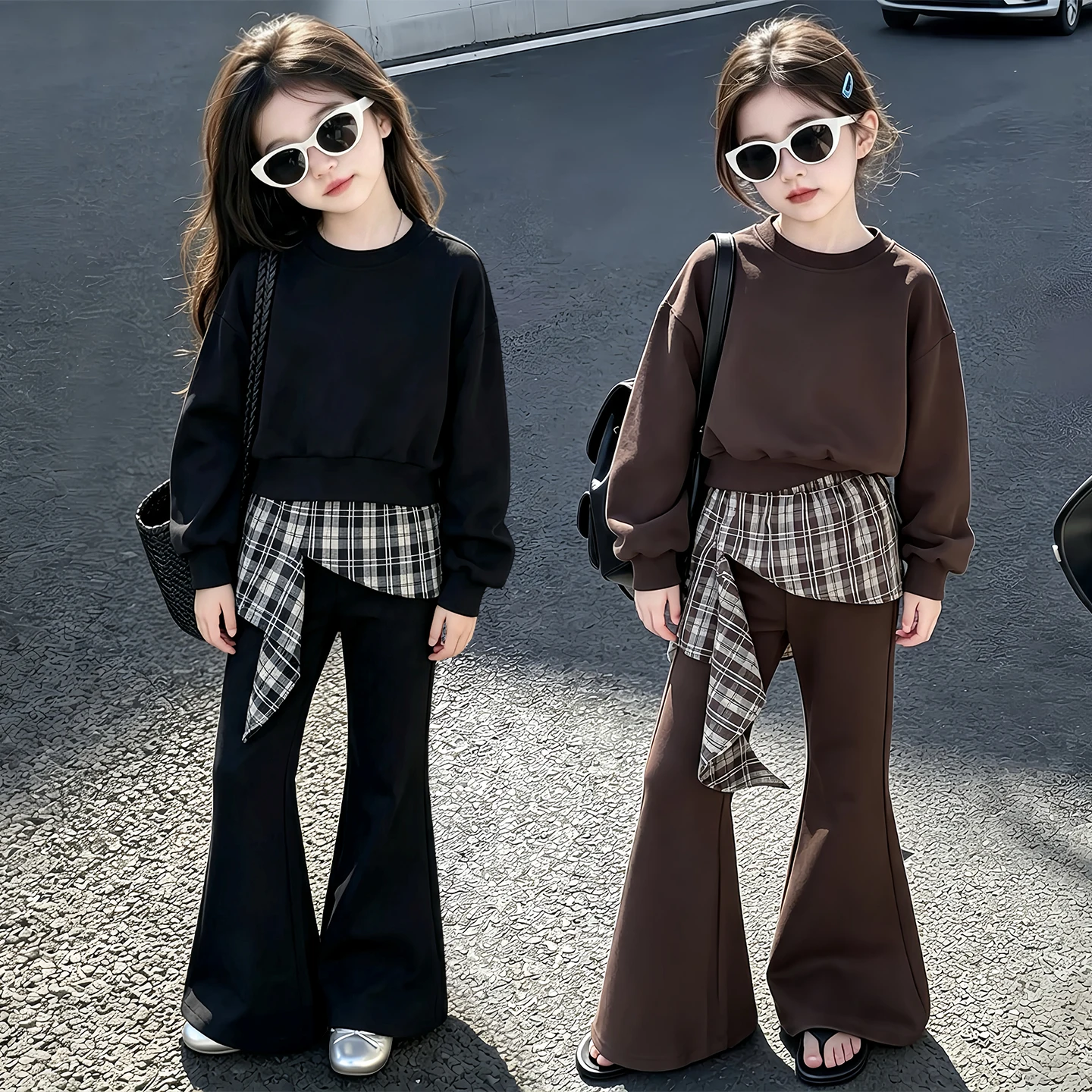 Autumn Girls Sets Children's Clothing Suit New Plaid Curtain Sweatshirt Trousers 2 Pcs Kids Casual Sweet Outfits Fashion Costume