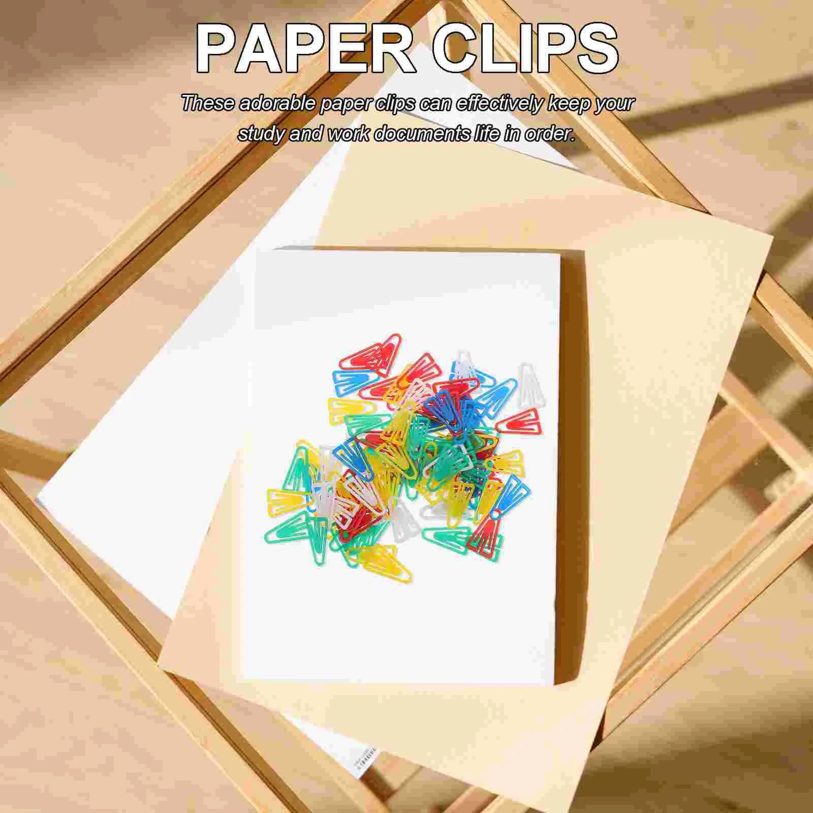 Clipe de papel triangular, clipes pequenos, clipes multifunções, acessórios de secretária convenientes em plástico, material de escritório, 100 peças