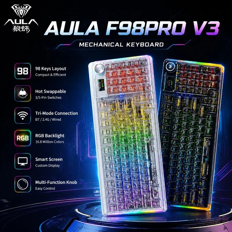 AULA F98PRO V3 Mechanical Keyboard Transparent Keycaps Wireless Tri Mode Hot Swappable RGB Backlight Screen Knob Gaming Keyboard