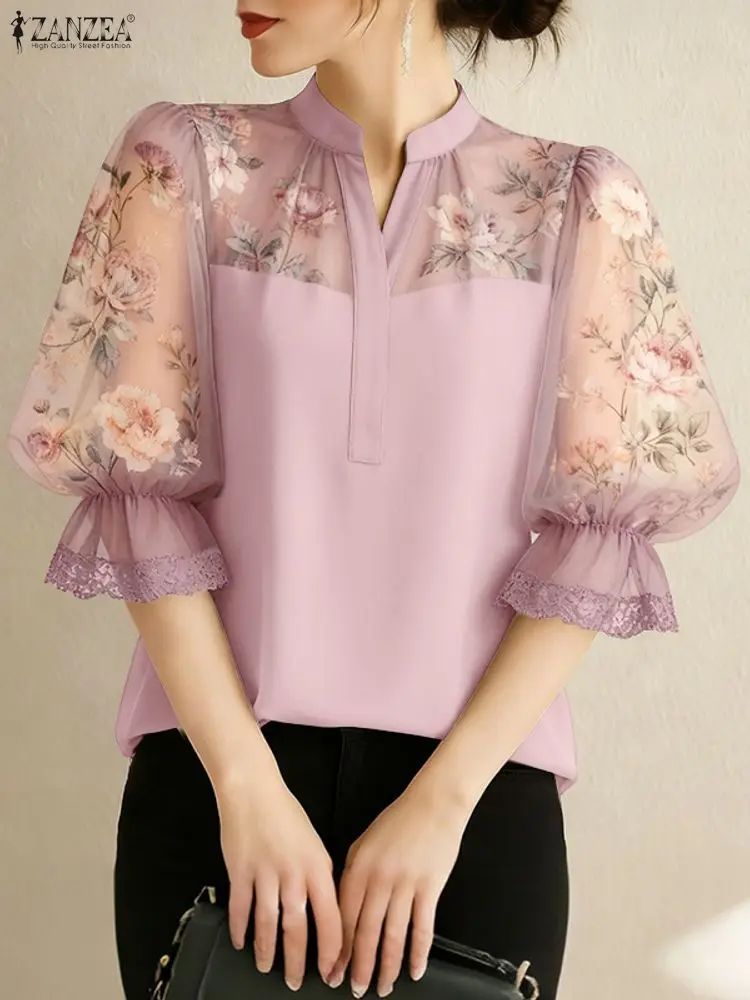 

ZANZEA Elegant Women Blouses Floral Printed Chiffon Patchwork Tops Fashion V-Neck 3/4 Puff Sleeve Lace Trim Woman Clothes S-3XL