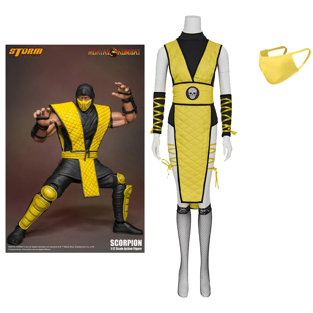 

Mortal Kombat Scorpion Female Cosplay Costume Scorpion Jumpsuit Vest Gloves Face Covering Set Scorpion Sexy Yellow Uniform