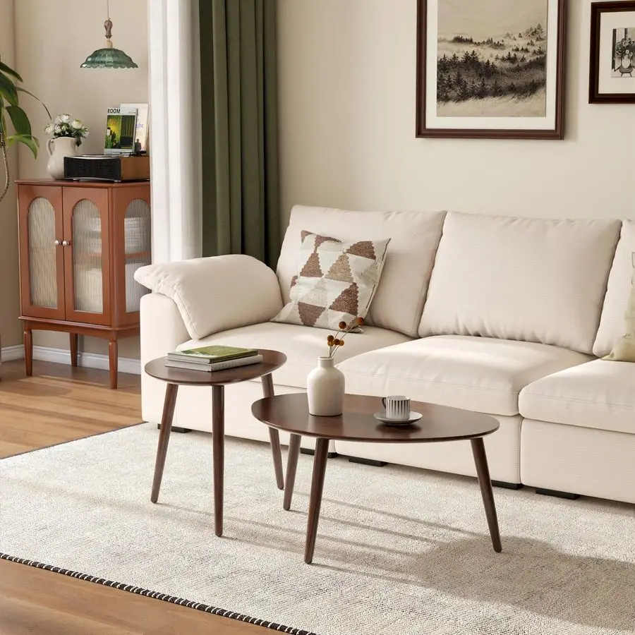 Oval Nesting Table, Mid Century Coffee Tables for Living Room,Solid Oak Wood Side Table,Triangle Tabletop with 3 Legs,Minimalis