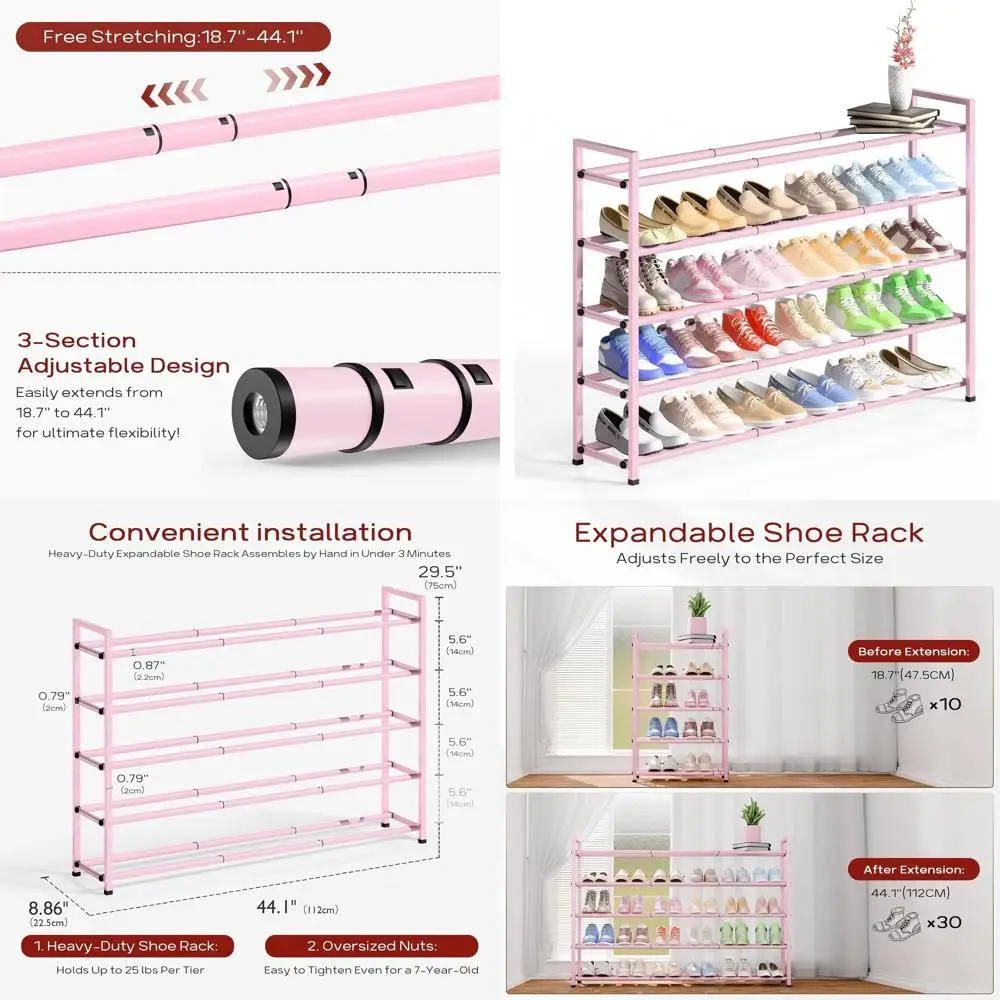 

Регулируемая 5-ярусная полка для обуви, 18–44 для шкафа и прихожей, вмещает 25–30 пар, розовый металлический органайзер