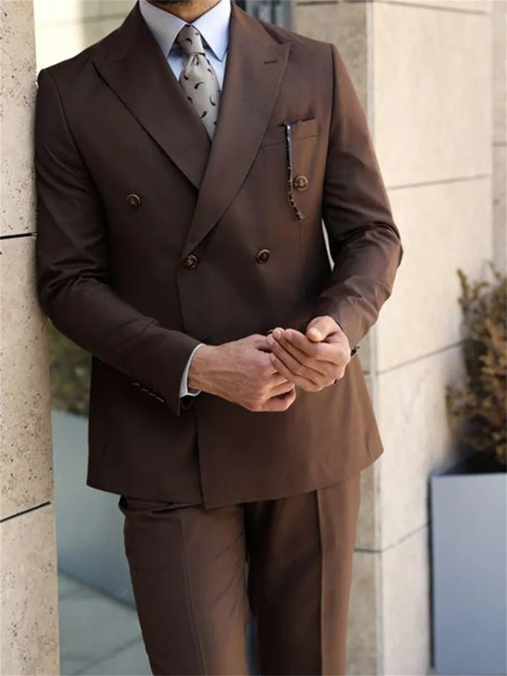 

2 Piece Chic Brown Male Suit Slim Fashion Peak Lapel Business Causal Clothing Prom Wedding Party Tuxedo Costume Homme