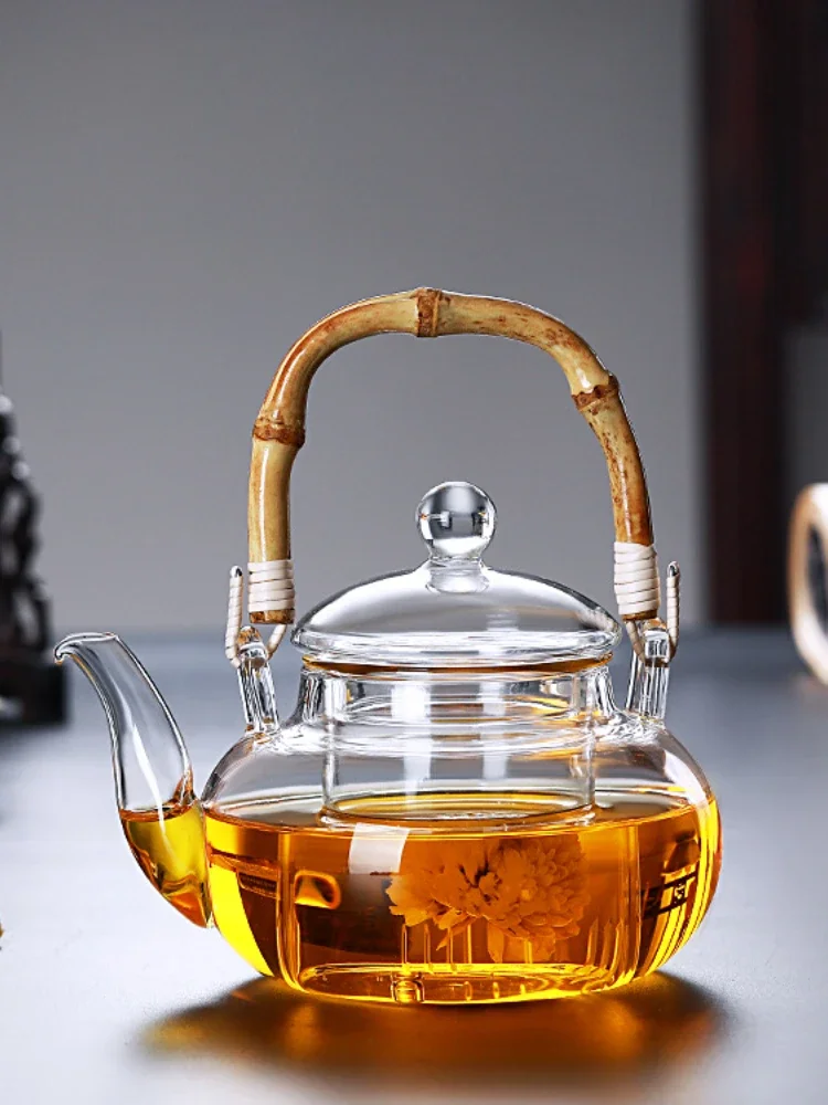 Bamboo Handle Beam Tea Pot Glass Teapot With Filter Heat Resistant Glass Teapot and Cup Set Pu Erh Puer Tea Brewing Kettle Pots