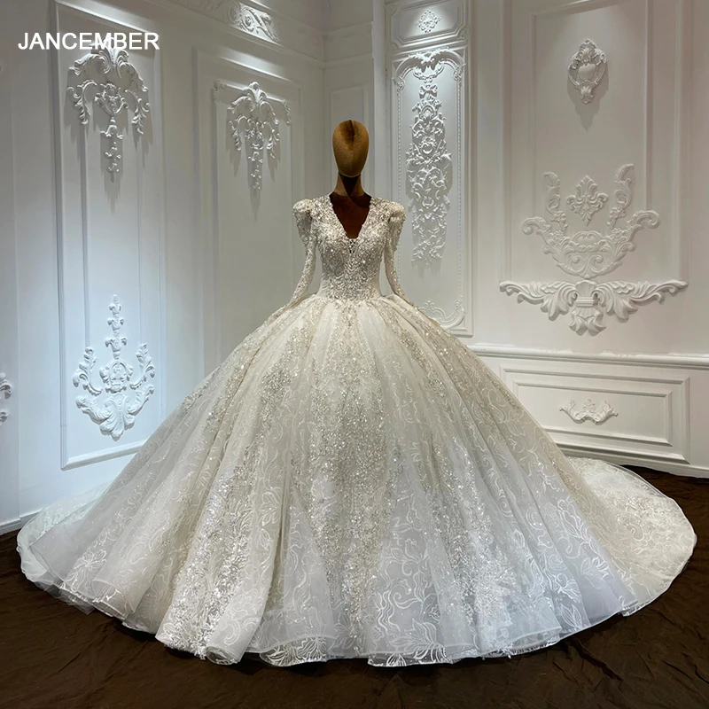 Jancember Stylish Gorgeous Wedding Gown For Bride 2024 Floor-Length Pleat Backless Beading V-neck vestidos de novia LSCJ27