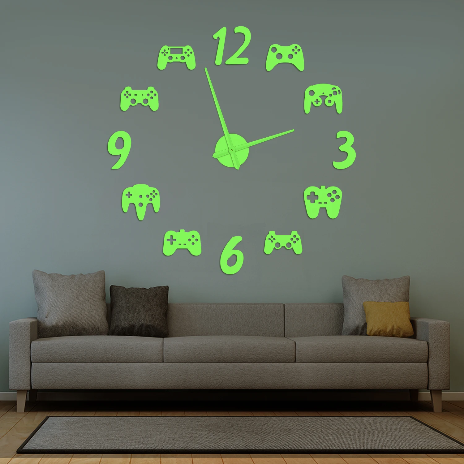 Game Controller DIY Big Wall Clock Glow in Dark For Man Cave Game Room Self Adhesive Stickers Night Visible Luminous Wall Clock