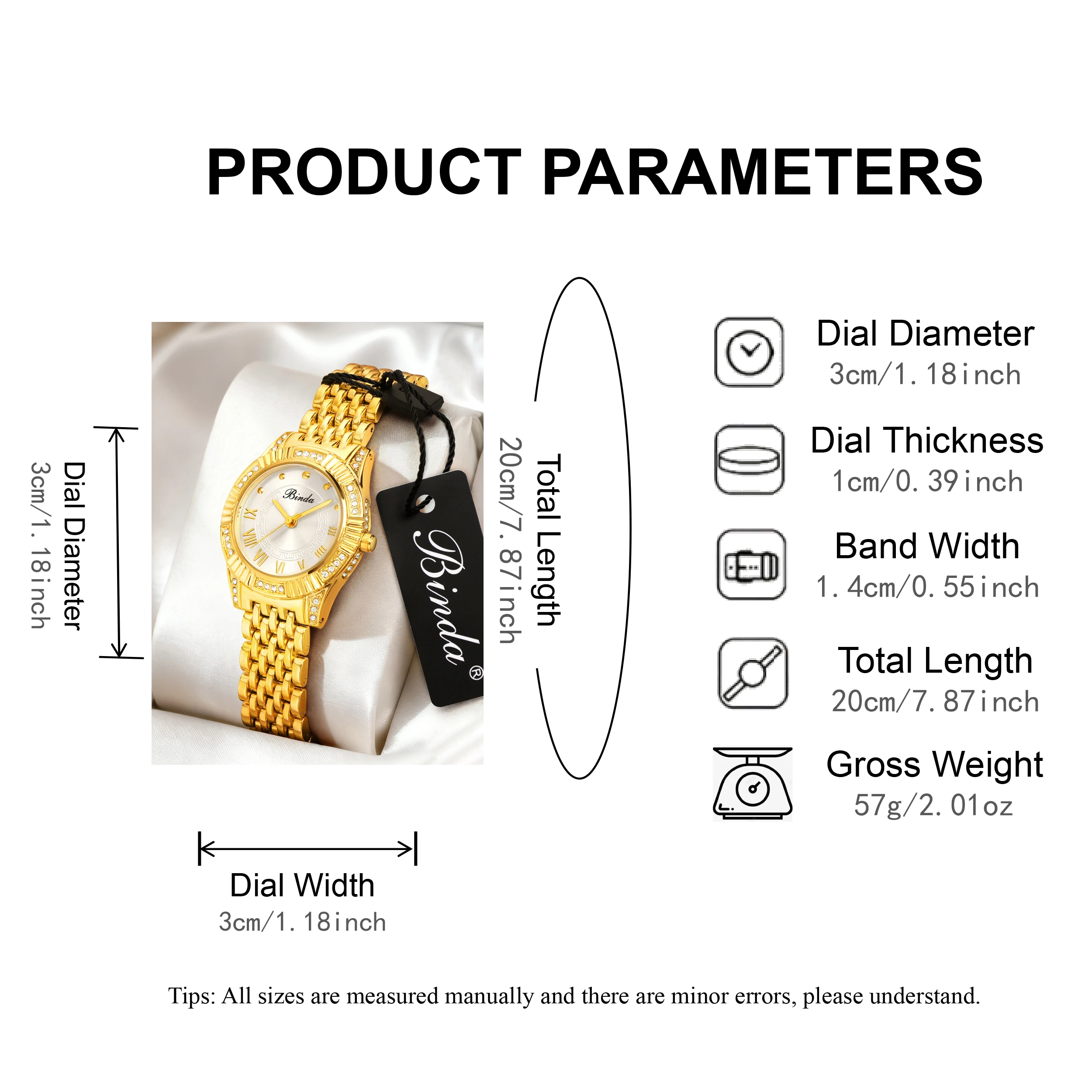 Binda Women's Fully Iced-Out Quartz Watch, Elegant Round Dial, High-Quality Rhinestones, Multi-Color Options, With Gift Box