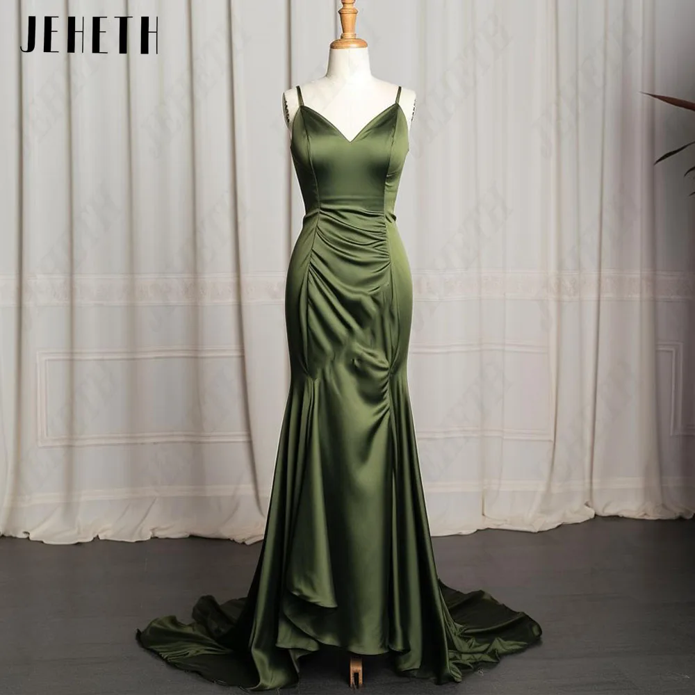 JEHETH Satin Mermaid Evening Dresses Real Photo V-Neck Spaghetti Straps Sweep Train Prom Party Gown فساتين سهره فاخره 2024