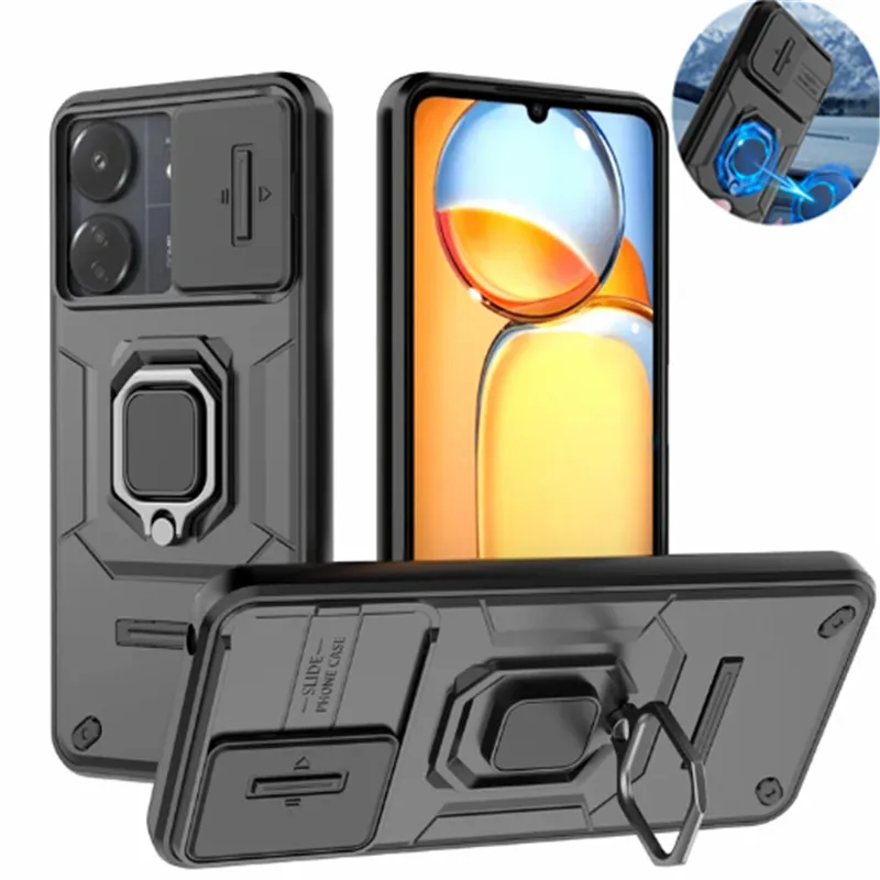 For Xiaomi Redmi 13C Case Slide Camera Protect Armor Phone Case For Poco C65 PocoC65 C 65 Magnet Holder Ring Cover Redmi13C 13 C