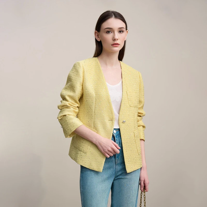 Women's V-Neck Single-Button Slim Blazer Jacket, Long Sleeve