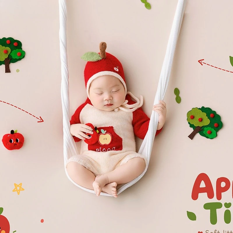 Newborn Photography Props Cute Handmade Knitted Outfit with Hat Backdrop Apple Trees Decors Set for Baby Studio Photo Shooting