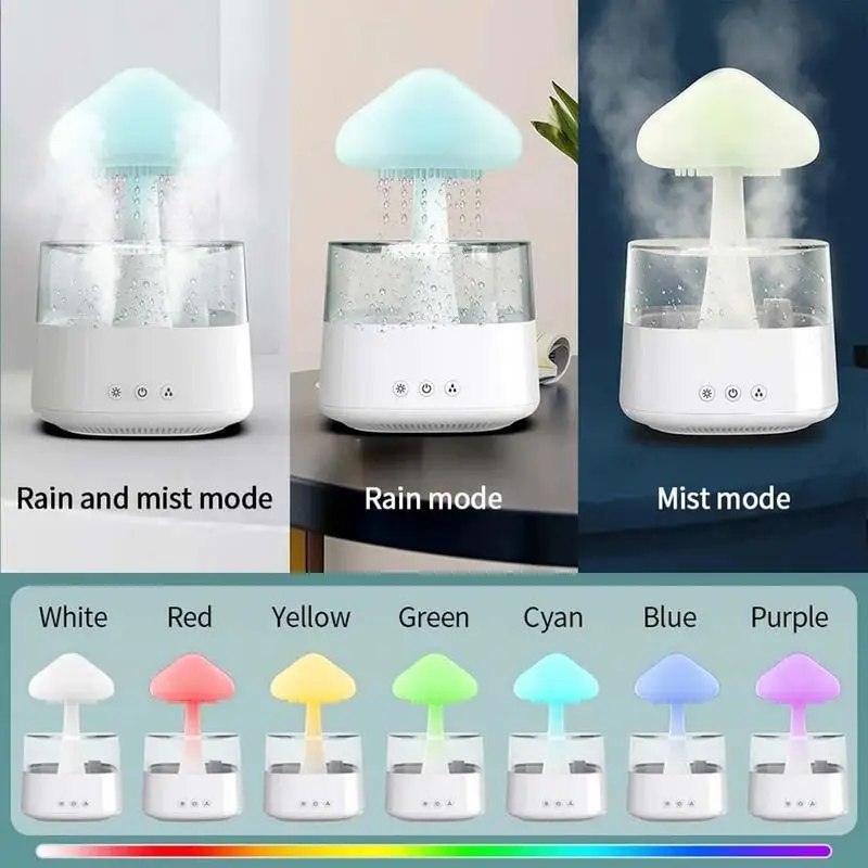 Mushroom Rain Air Humidifier Electric Aroma Diffuser Rain Cloud Smell Distributor Relax Water Drops Sounds Colorful Night Lights