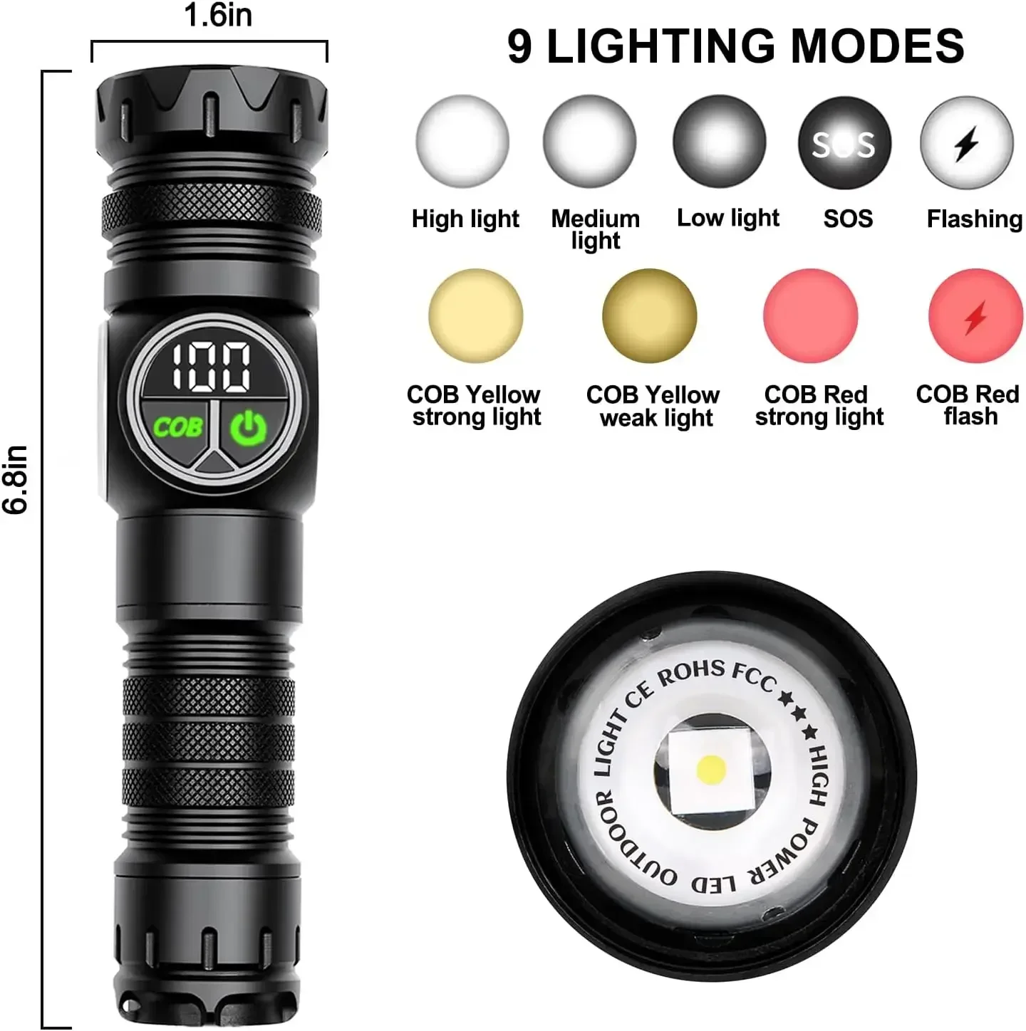 USB充電式LED懐中電灯,サイドライト付き懐中電灯,デジタルディスプレイ,磁気テール,長距離,30W, 9モード