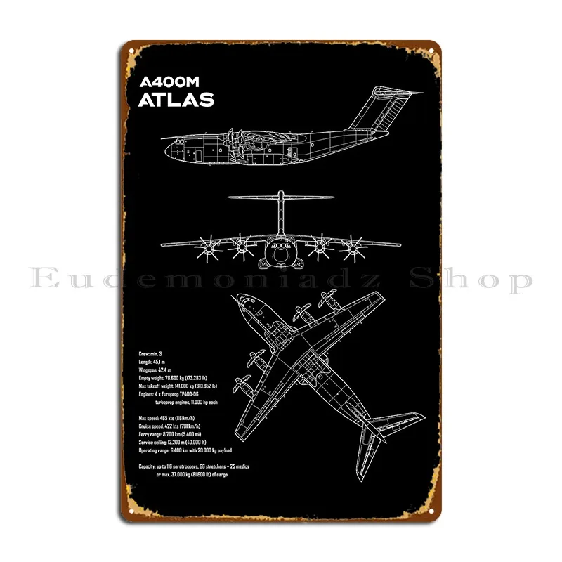 Airbus A400m Atlas Military Transport Aircraft Blueprint Metal Sign Home Pub Club Design Wall Cave Tin Sign Poster