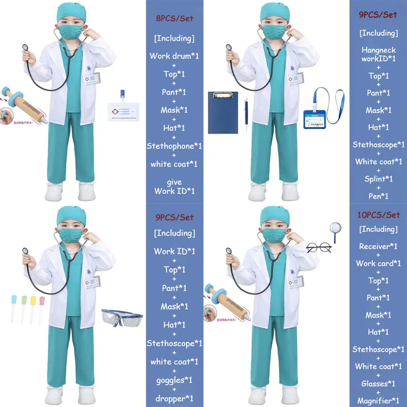 

Anime Surgical Gowns Cosplay Doctor Work Card Hat Stethoscope Pen Halloween Party Boys Girls Full Set Popular Nurse Costumes New