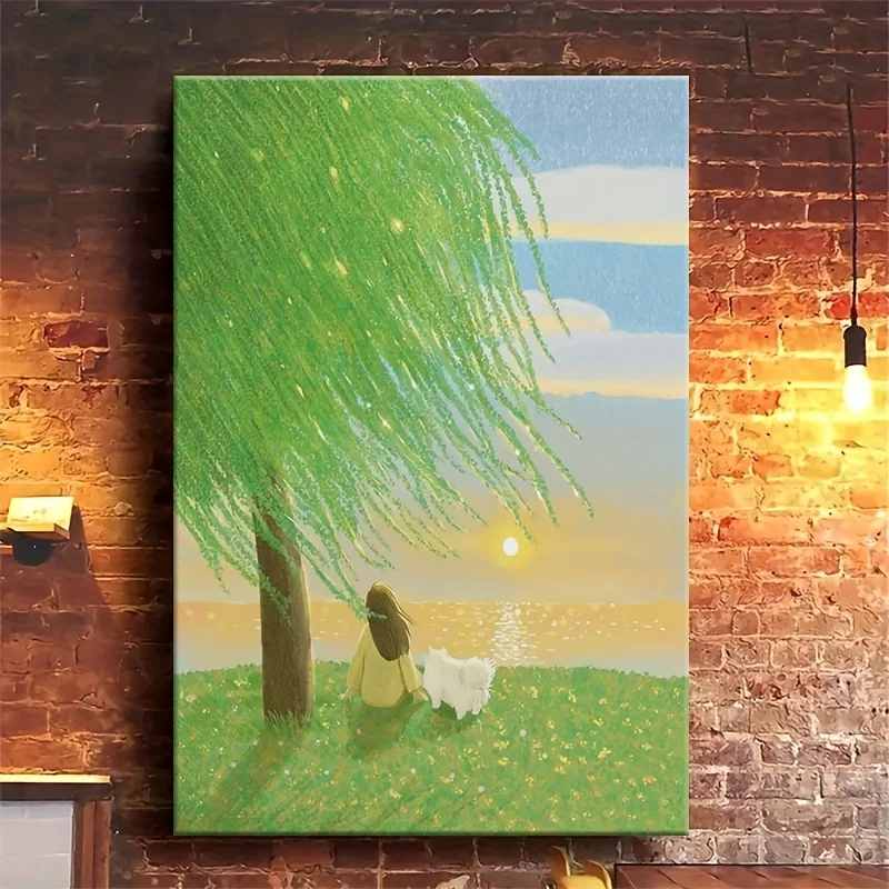 Sunrise Under Tree Girl and Dog Canvas Painting Frameless Wall Art Print for Living Room Dining Room Decor