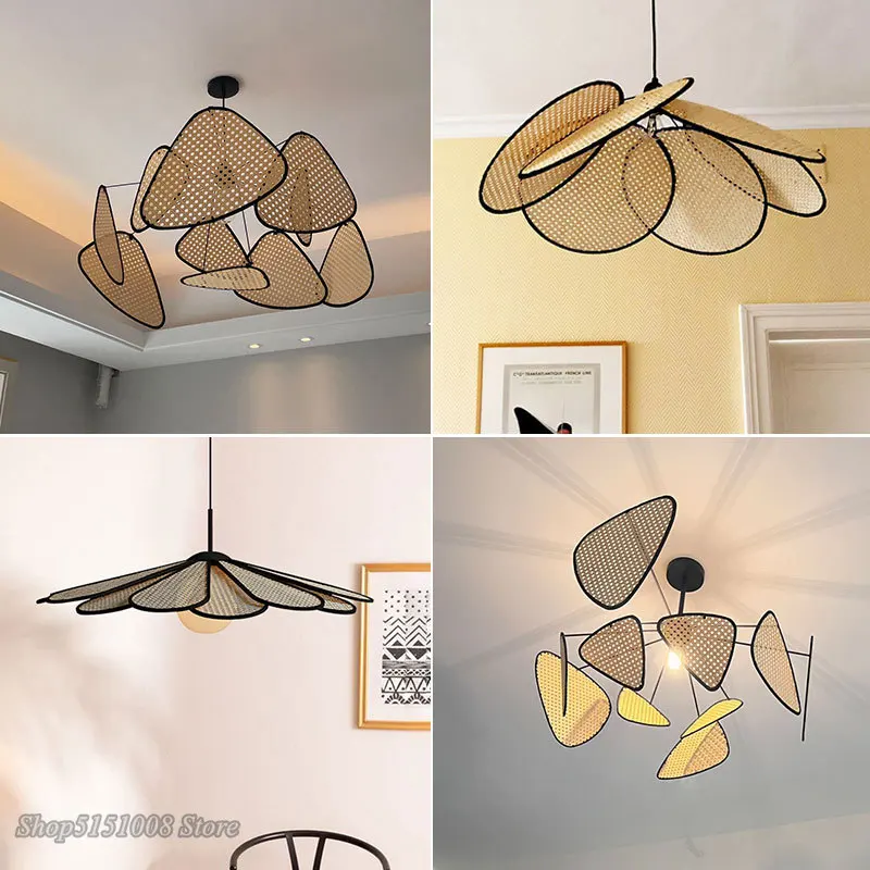 Modern Art LED Pendant Light Leaf Grid Rural Handmade Rattan Screen Chandeliers Nordic Restaurant Living Room Home Decor