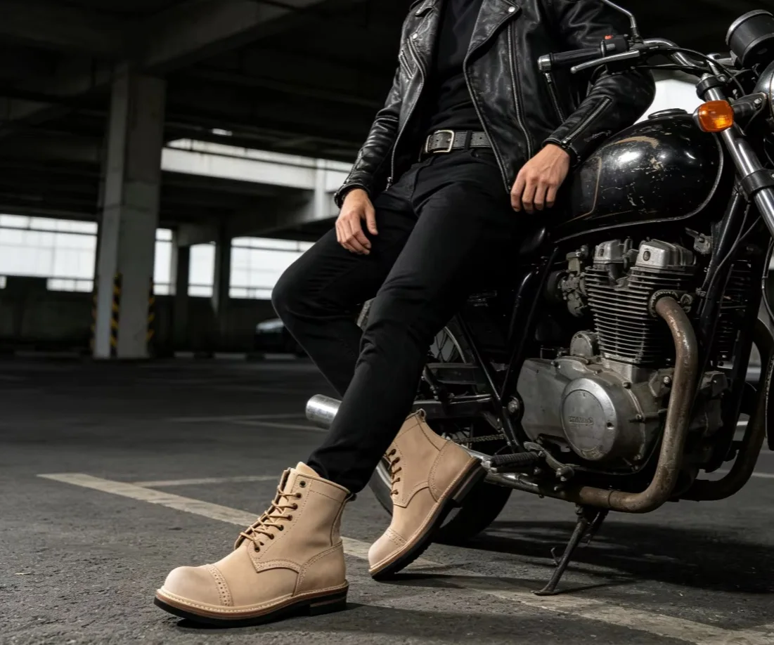 VV880 Beige Leather Work Boots,  Ankle Boots for Men  Motorcycle, Outdoor Hiking,  Vintage Hand Stitched, Wear-Resistant,