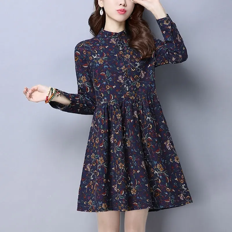 

Folk Printed Stand Collar Dresses Button Women's Clothing Vintage A-Line Waist Spring Autumn Chic Casual Long Sleeve Midi Dress