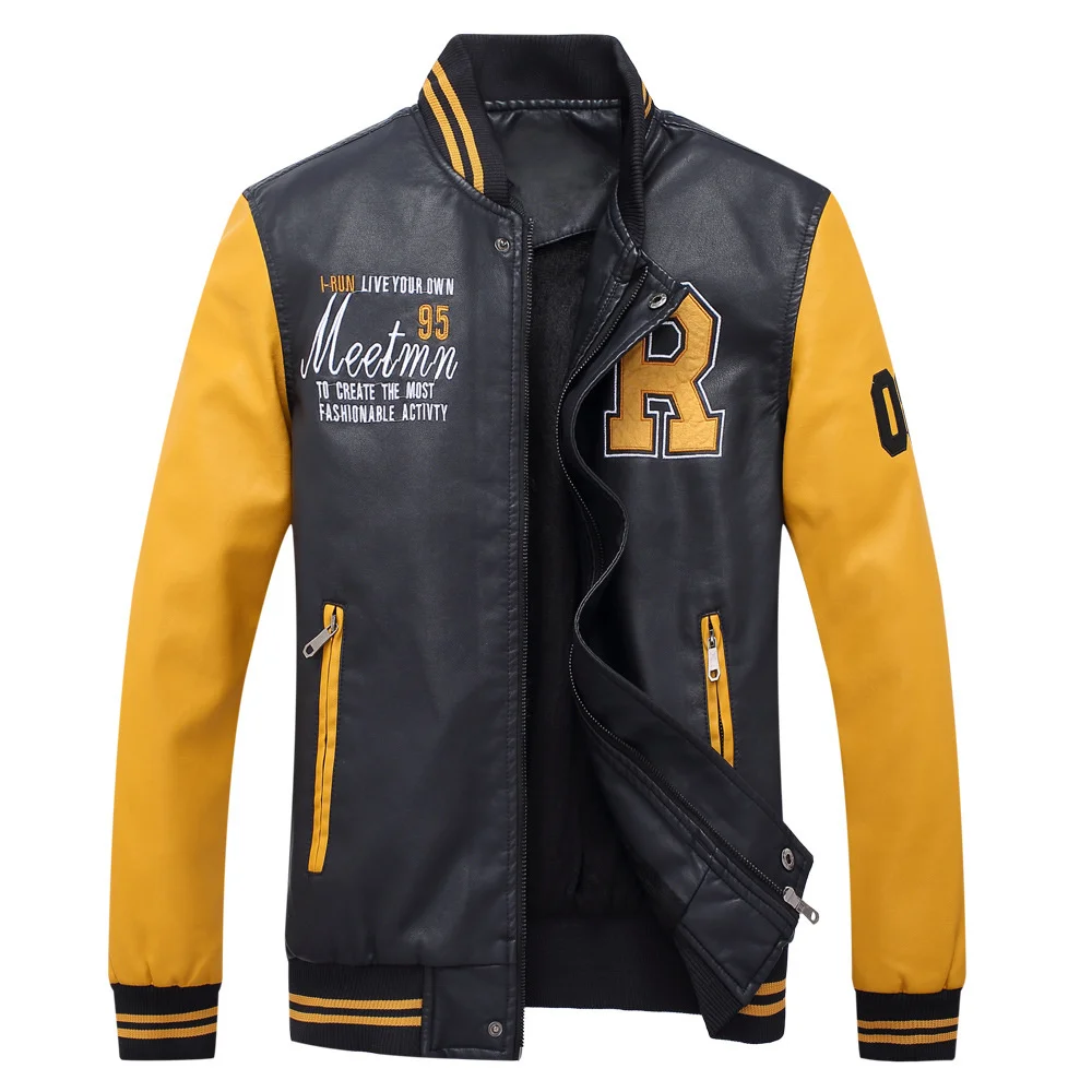 

PU Leather Baseball Jacket Men Embroidery Multicolor Stitching Loose Outwear Male Large Size 4XL