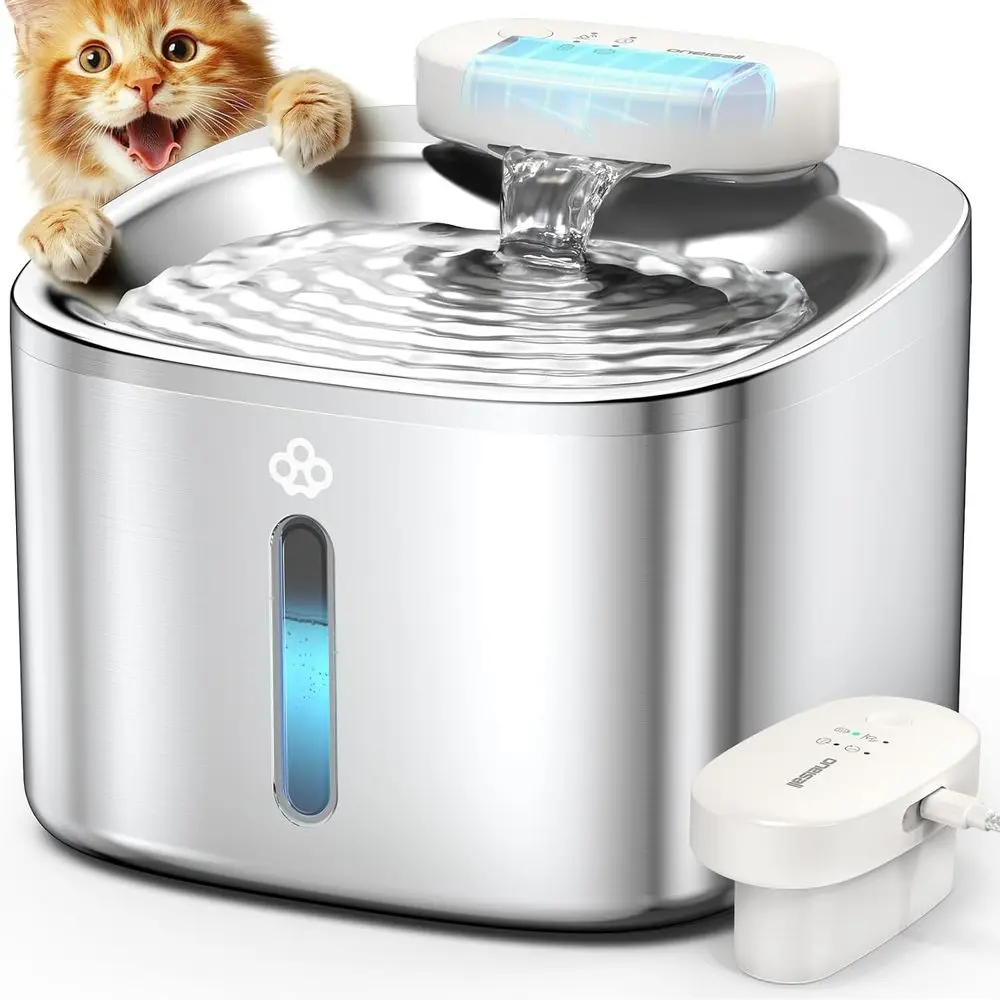 

3.5L/118oz Battery Operated Pet Drinking Fountain Stainless Steel, Running Water Dispenser for Cats, Cordless & Rechargeable wit