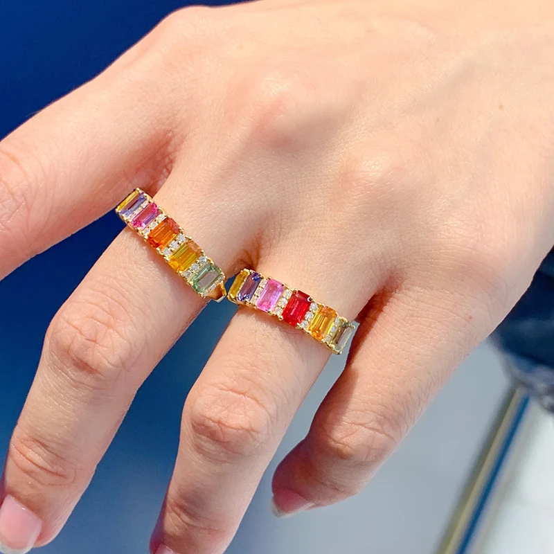 Aazuo 18K Solid Yellow Gold Natural Sapphires Real Diamonds OL Square Rainbow Lines Rings For Girls & Women Senior Banquet Party view 6