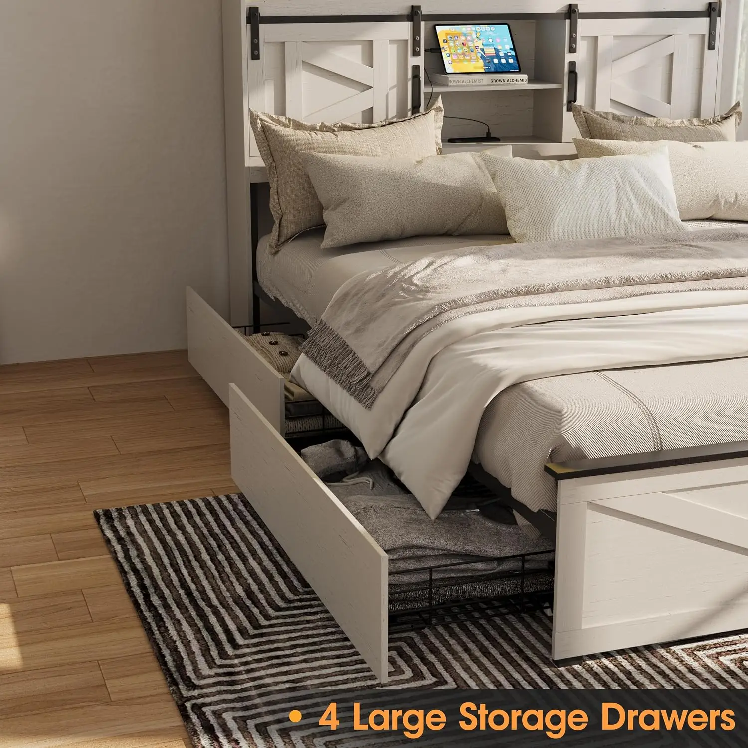 Farmhouse Full Size Bed Frame with 4 Drawers and Bookcase Headboard, Sliding Barn Door Storage Shelves, LED Lights, Customized image 6