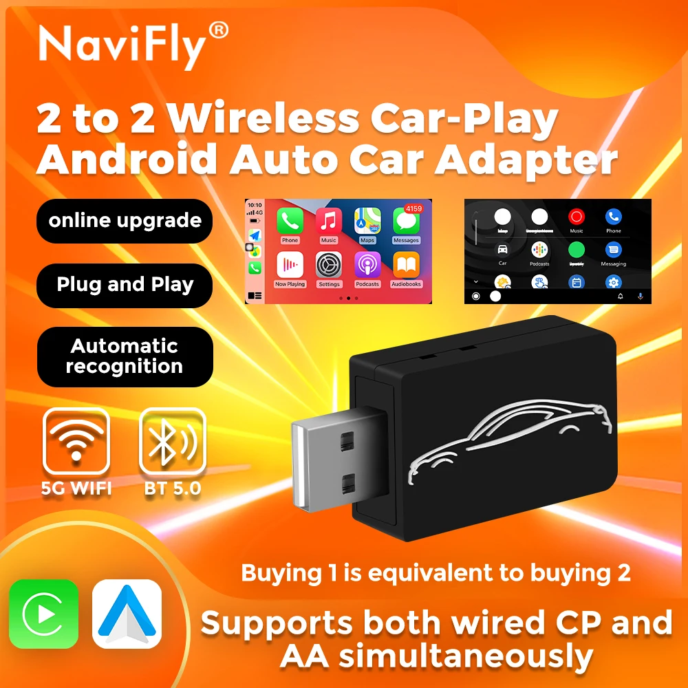 

NaviFly 2 to 2 Wireless Car-play Adapter Car Universal Ai Box online upgrade Plug and Play for Kia BYD Audi MG VW Hyundai Jeep
