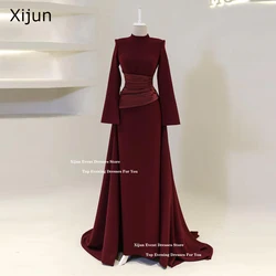 Xijun Modest Crepe Long Evening Dresses Muslim High Collar Pleats Prom Dresses Full Sleeves Dubai Formal Prom Gowns Customized
