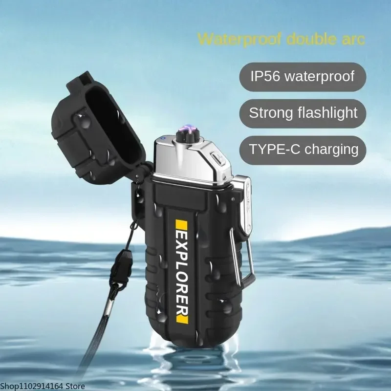 Waterproof Plasma Lighter with Flashlight Custom Windproof Arc Lighter Outdoor Usb Lighter Survival Whistle and Lanyard