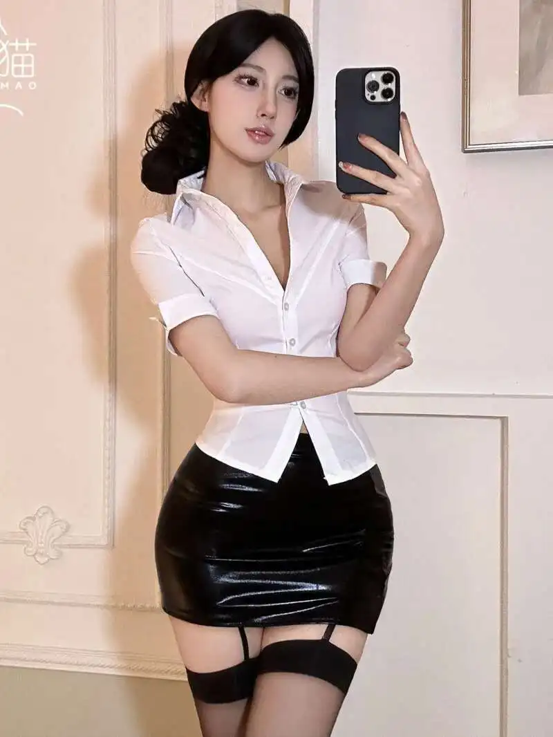

Lingerie Shirt Sexy Leather Two Piece Skirt Set Uniform Suit Seduction Secretary Role Play Student Passion Clothes Woman KXJ7