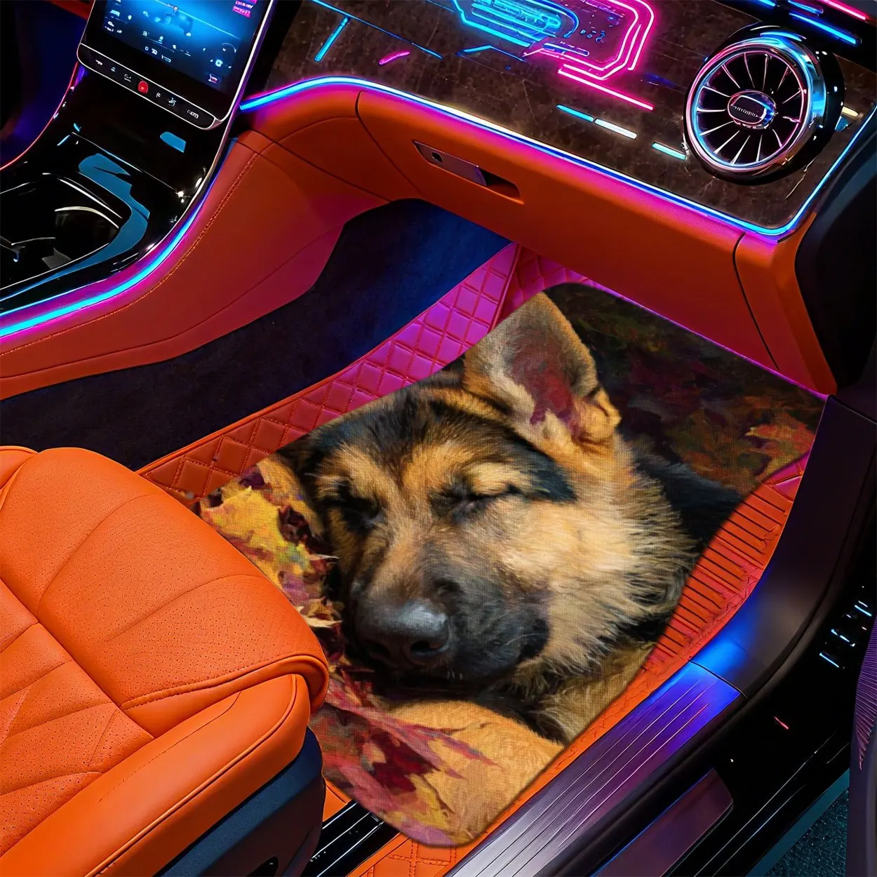 2D Floor Mats Featuring 4pcs Of Modern Minimalist Design With A Sleeping German Shepherd, Suitable For Various Car Models, Easy