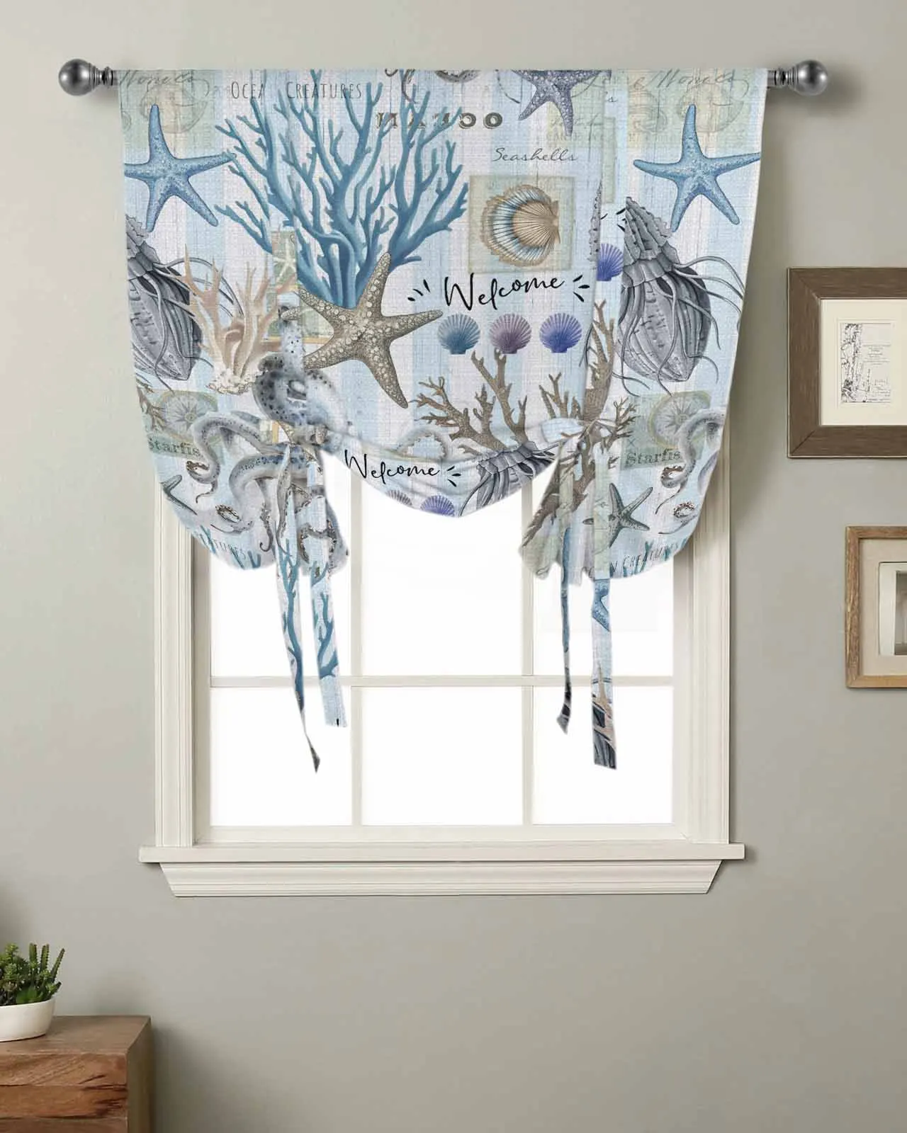 Marine Organisms Starfish Octopus Coral Shells Window Curtain for Living Room Home Blinds Drapes Kitchen Tie-up Short Curtains