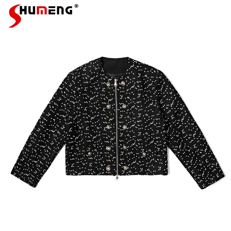 

Осень 2023, новые маленькие ароматные куртки с круглым вырезом и двойной молнией и пайетками, мужские модные топы, красивые дизайнерские пальто с пуговицами и бисером