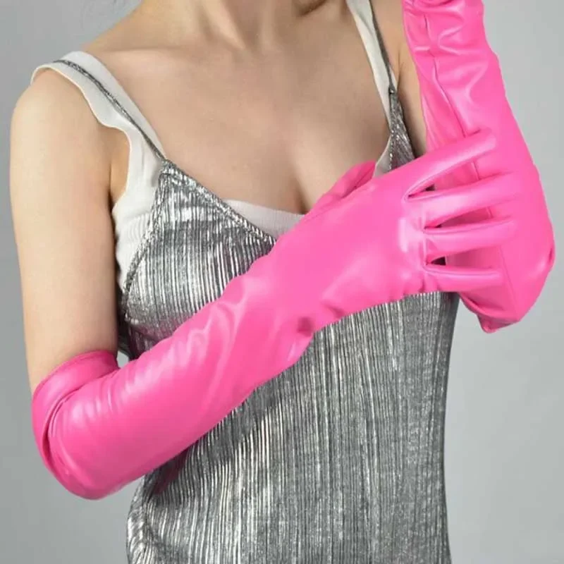 Pink Full finger gloves Touchscreen Leather Extra Long Gloves for Women Girls Sexy Nightclub Fashion Patent Leather Gloves