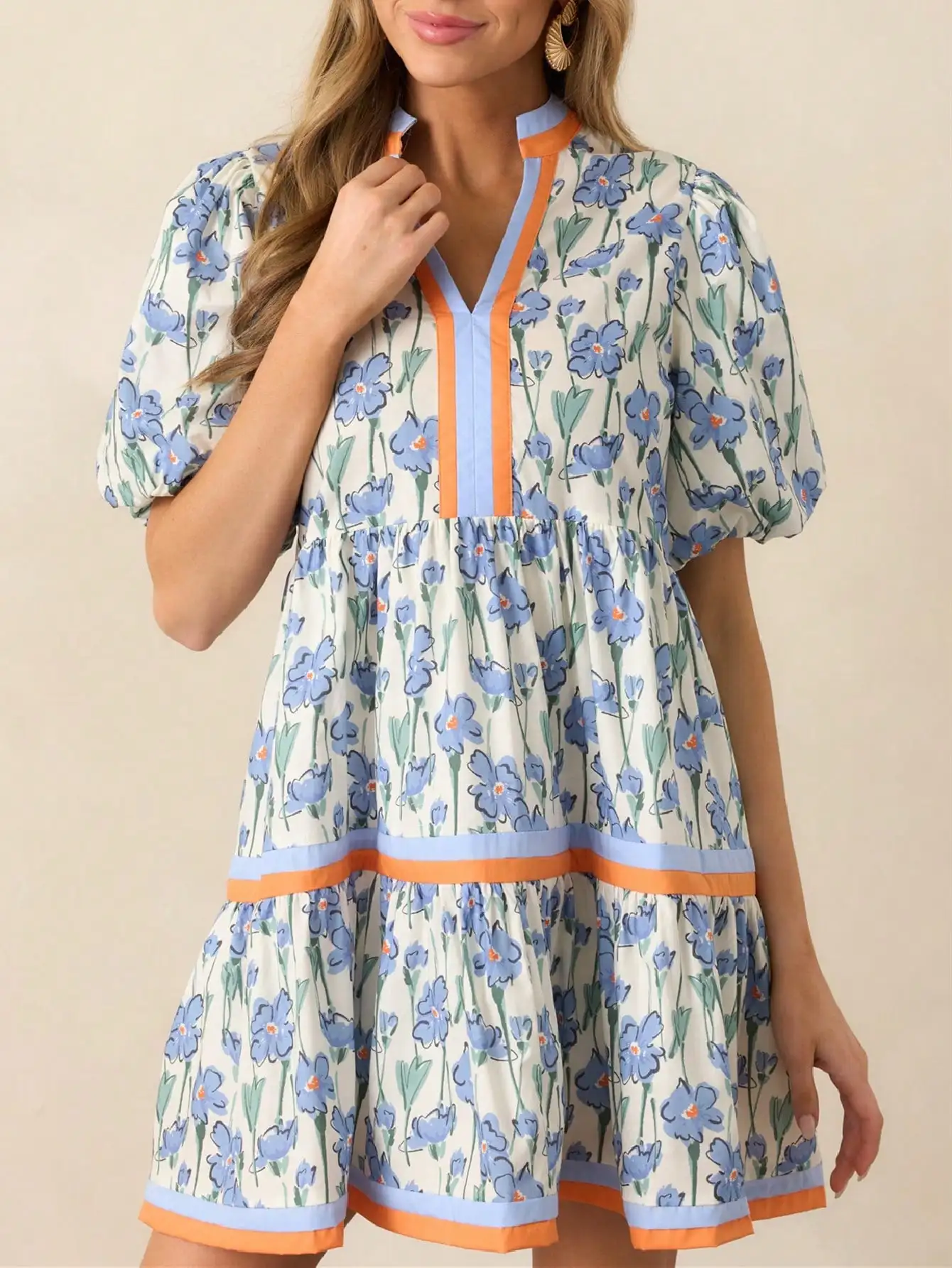 

Women's Floral Print Babydoll Mini Dress with Puff Sleeves and V-Neck