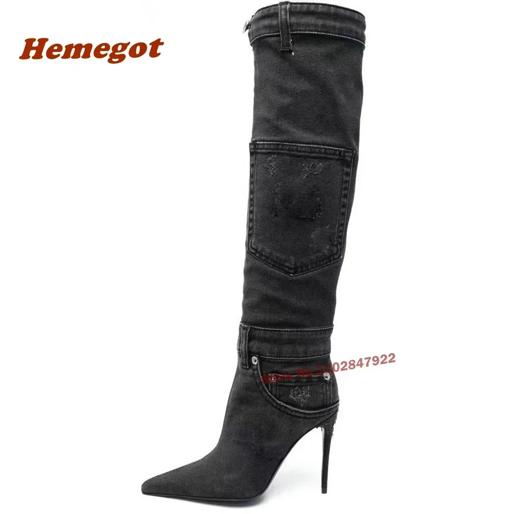 Pocket Design Pointed Toe Over The Knee Boots High Heels Denim Blue Boots Stiletto Slip On Fringe Winter Shoes for Women Runway