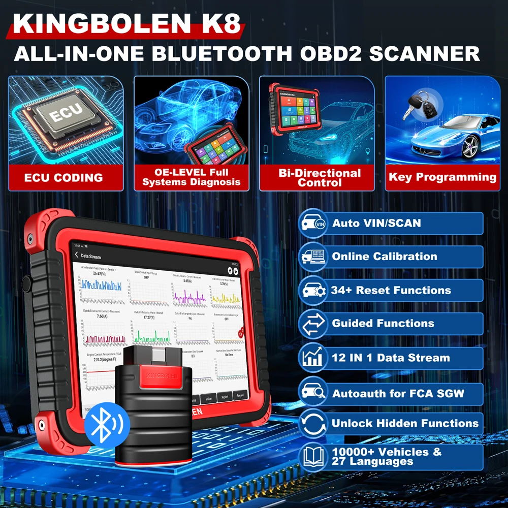 KINGBOLEN K8 8inch Car Diagnostic Tools All System 28 Reset Bi-directional Test Advance ECU Coding 2 Years Free pk LAUNCH X431 V